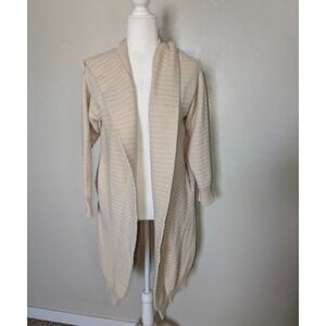 Lulus Cream Hooded Duster Cardigan Large Open Front Pockets Ribbed Knit Sweater‎
